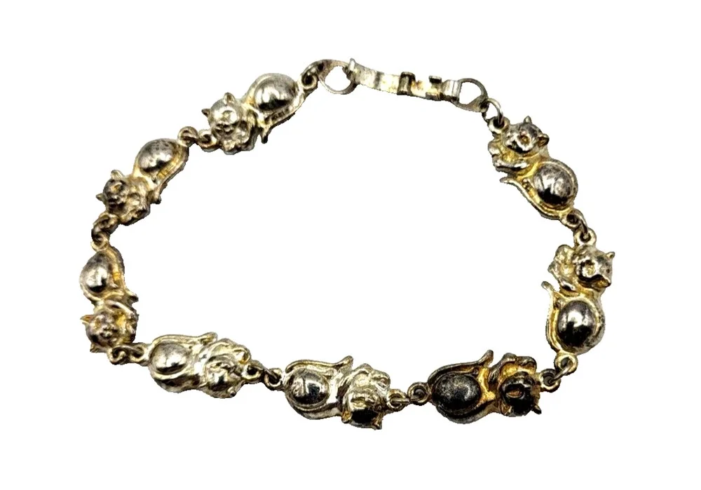 Vintage SJ Silvertone Cat Link Bracelet 8
